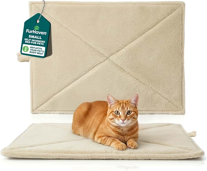 FurHaven ThermaNAP Self Warming Cat Mat/Dog Bed for Crates with Self-Warming Technology for Cozy Rest, Fully Machine Washable, Small, Plush Faux Fur, Cream