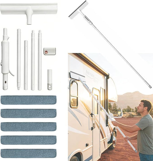 RV Window Cleaning Squeegee with Spray, Max 73.3" Handle, Motorhome & Camper Exterior Glass Cleaner, 3-in-1 Spray Mop for High Windows, Home & Car
