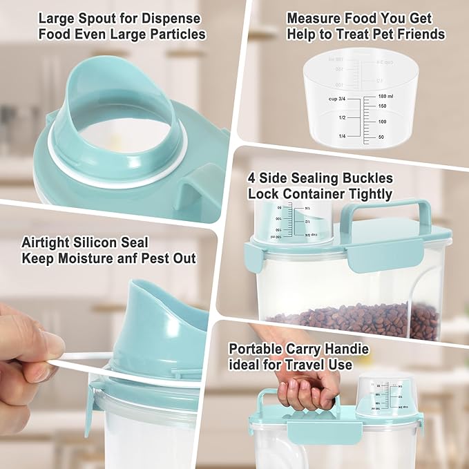 Upgraded Large Nozzle Cat Dog Food Storage Container BPA-free, Airtight Pet Food Storage Bin with 4 Lock Buckles, Sealing Gasket, Cup for Pet Food, Dog Treats, Rice, Flour, Dry-Blue