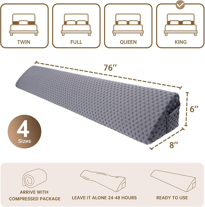 King Size (76"x6"x8") Bed Wedge Pillow for Headboard Mattress Gap Filler (0-6") for College Dorm Sleeping, White