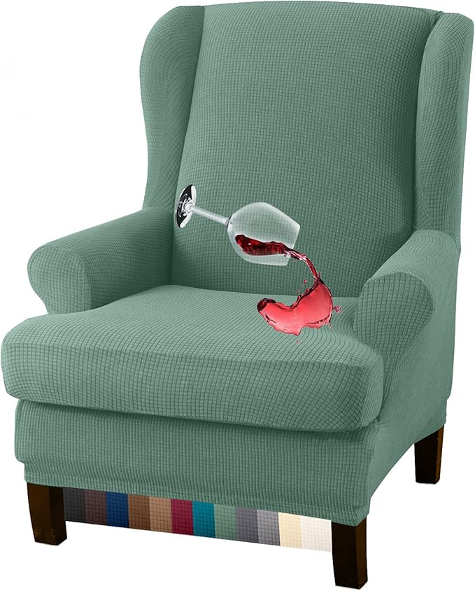 Granbest Premium Water Repellent Wingback Chair Cover 2-Piece High Stretch Jacquard Fabric Wing Back Chair Slipcovers (Wing Chair Cover, Matcha Green)