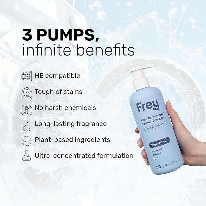 FREY Concentrated Natural Laundry Detergent - 50 Concentrated Loads of Long Lasting High Efficiency Liquid Laundry Detergent - Eco Friendly Blend of Great Smelling Biodegradable Natural Ingredients, Sandalwood/Bergamot/Clove, 2 Pack