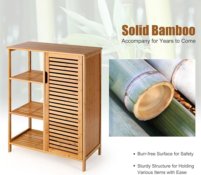 Tangkula Bamboo Bathroom Floor Cabinet, Storage Cabinet with Shutter Door and 3 Tier Shelves, Freestanding Bathroom Cabinet for Living Room Kitchen Hallway, Natural