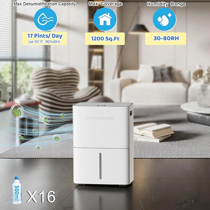 Dehumidifier for Basement Home 1200 Sq. ft, 17 Pints Dehumidifiers with Drain Hose for Bedroom Bathroom Large Room RV, 3 Working Modes, Intelligent Humidity Control, 24H Timer, Auto Defrost