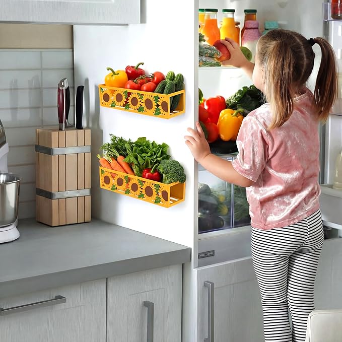 2 Pack Sunflower Magnetic Spice Rack for Refrigerator Metal Magnet Basket Shelf for Fridge Seasoning Storage Organizers Home Decor Kitchen Accessories (White)