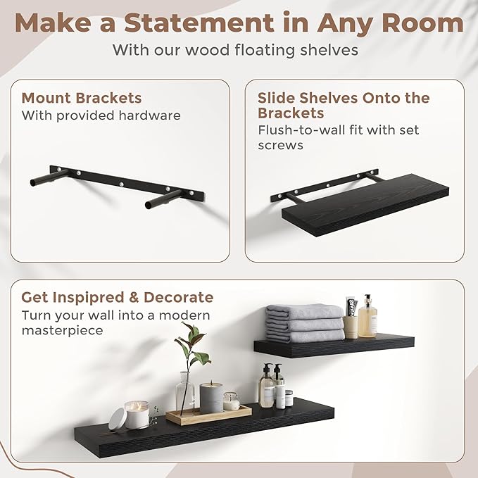 36 Inch Floating Shelves for Wall Set of 2, 8"D Wood Grain Bathroom Shelves with Invisible Brackets, Easy Install Engineered Wood Storage Shelves for Kitchen, Living Room, Bedroom, Black Finish