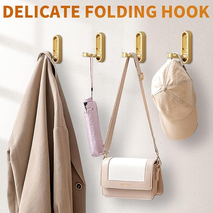 Foldable Hooks Wall Mount, Folding Coat Hooks Wall Mounted - Retractable Space Saving Organizer for Bathroom, Kitchen, Bedroom & Closet - Holds Scarf, Hat, Robe, Key, Purse, Bag (2, Gold)
