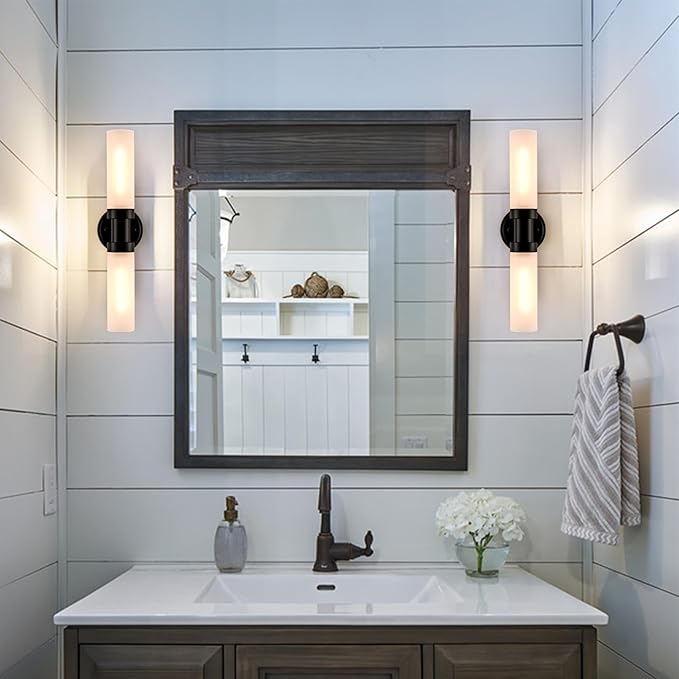 Modern Black Glass Wall Sconce 2-Light Cylinder Bathroom Wall Light Fixtures 20-Inch Frosted Glass Sconces Wall Lighting for Bedroom Living Room Hallway
