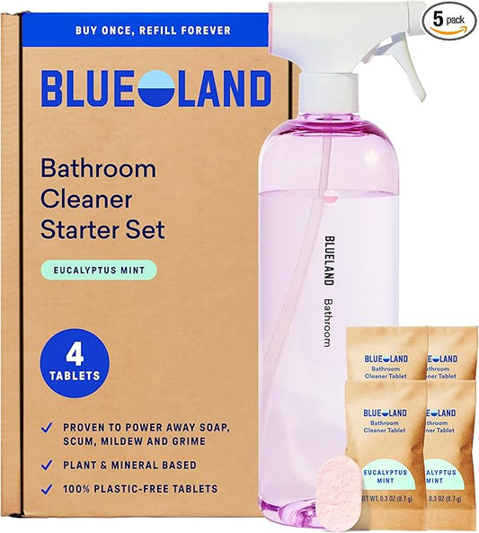 BLUELAND Bathroom Cleaner, Starter Set, Eucalyptus Mint Scent, Spray Bottle with 4 Refill Tablets, Eco-Friendly Cleaning Supplies, 4 x 24 Fl oz