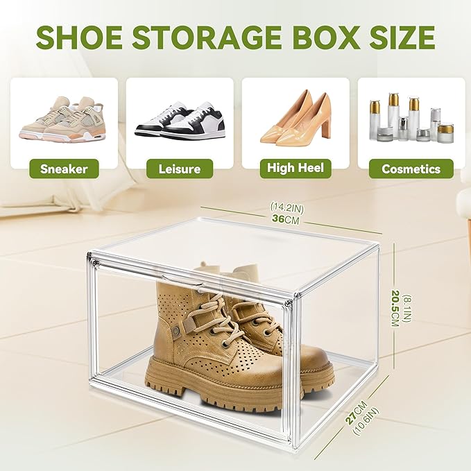 12 Pack Sneaker Boxes Clear Plastic Stackable Shoe Box Size 12.5, Transparent Display Case with Magnetic Acrylic Door, Dustproof Storage Bins for Closet, Over the Door Shoe Organizer