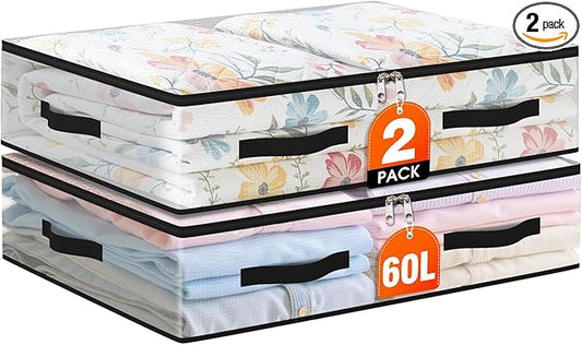 2 Pack Under Bed Storage Bags, 60L Foldable Clear Storage Containers with Handles, Dual Zippers for Comforter, Clothes, Bedding, Linen Sheets, Sweaters, Blanket Storage
