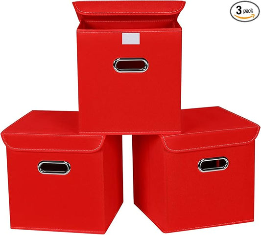 Closet Organizers Fabric Storage Bins With Lids Collapsible Cube Storages Organizer Basket With Handles,Storage Boxes for Clothes Storage,Office,Toys,3 Pack,（Red