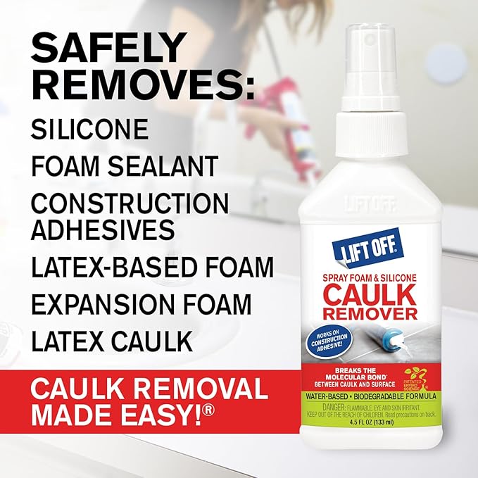 Motsenbocker’s Lift Off 41145 4.5-Ounce Spray Foam and Silicone Caulk Remover Safe on Showers, Baseboards, Stainless Steel, Ceramic, and More Water-Based and Biodegradable, Clear
