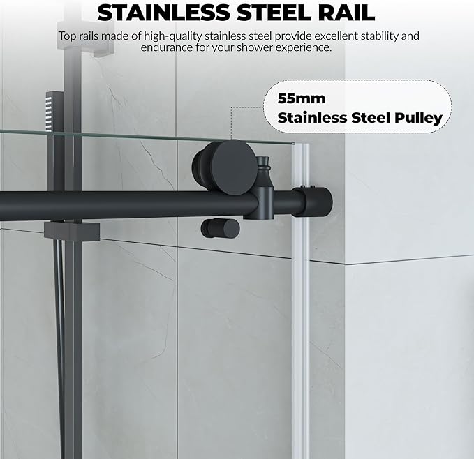 Frameless Shower Doors 44-48" W x 76" H, Sliding Door, 5/16" (8mm) Clear Tempered Glass, Space-Saving Design for Modern Bathrooms