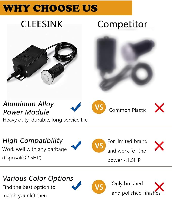 Sink Top Air Switch Kit Garbage Disposal Part by CLEESINK (SHORT/2.5", Brushed Nickel Stainless Steel)