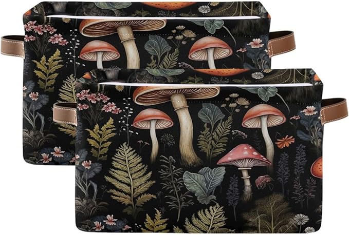 Storage Basket Mushroom Rectangular Collapsible Canvas Shelves Storage Bins with Leather Handles for Shelves Home Closet Bedroom Living Room, 1Pack