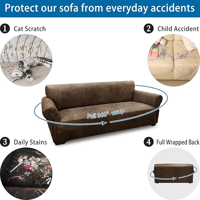 Couch Cover Leather Look 3 Seater Couch Sofa Cover 1-Piece Sofa Slipcover Stretch Furniture Protector with Elastic Bottom & Pockets(Sofa, Light Brown)