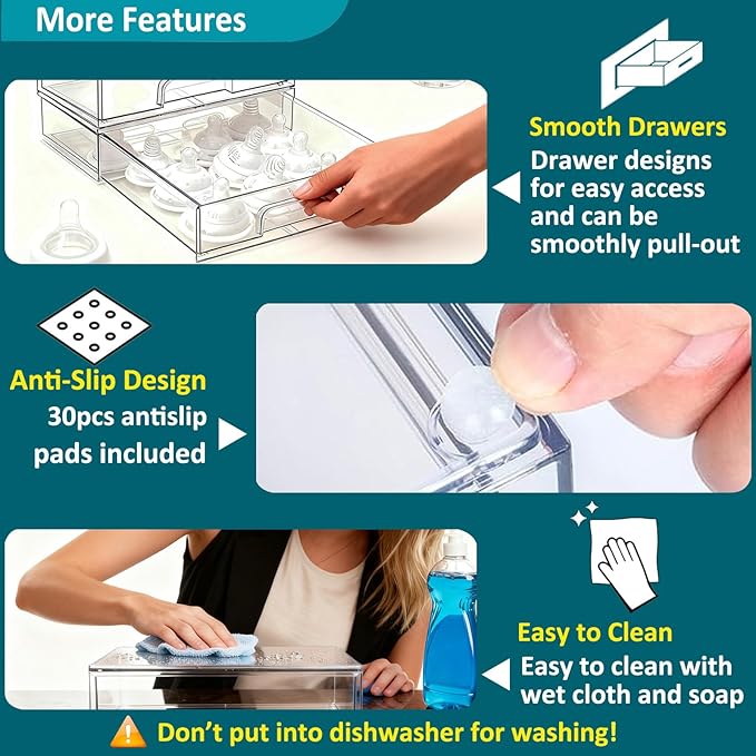 Baby Bottle Organizer for Countertop with Dust Protection, 5Pack Stackable Baby Organizers and Storage for Bottles, Clear Acrylic Container with Drawer for Kitchen, Cabinet, Vanity, Bathroom, Pantry