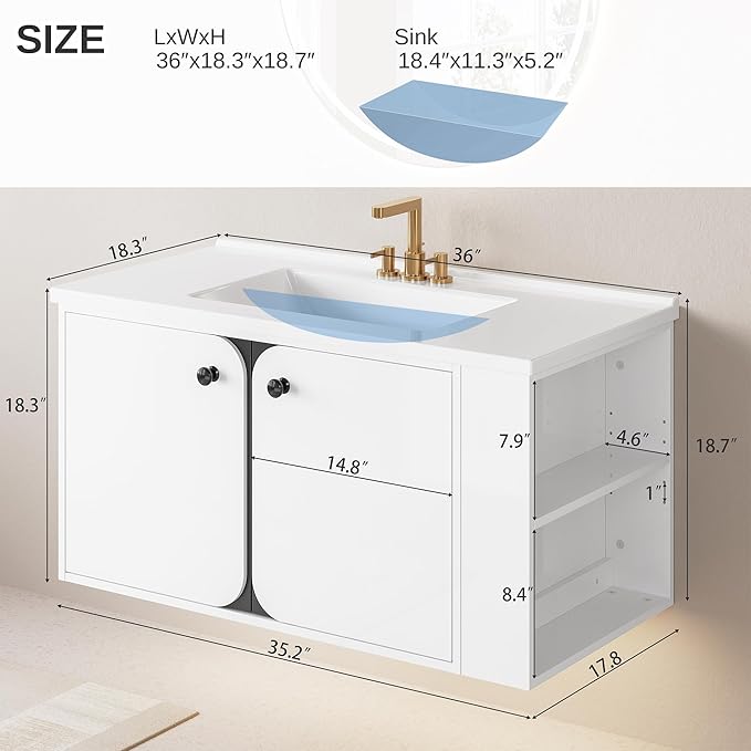 IRONCK 36 Inch Bathroom Vanity with Sink, Wall Mounted Floating Vanity with LED Light & Open Side Shelf, High Gloss Modern Bathroom Cabinet for Small Space, White