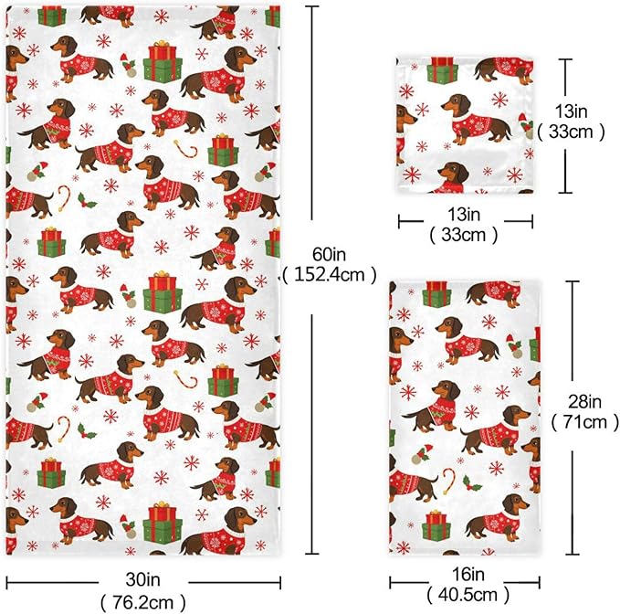 Pfrewn Christmas Winter Towels Set of 3 Dachshund Dog Christmas Snowflakes Bathroom Towel Soft Absorbent Bath Hand Towels Washcloth Guest Towel Sets Xmas Holiday Decor