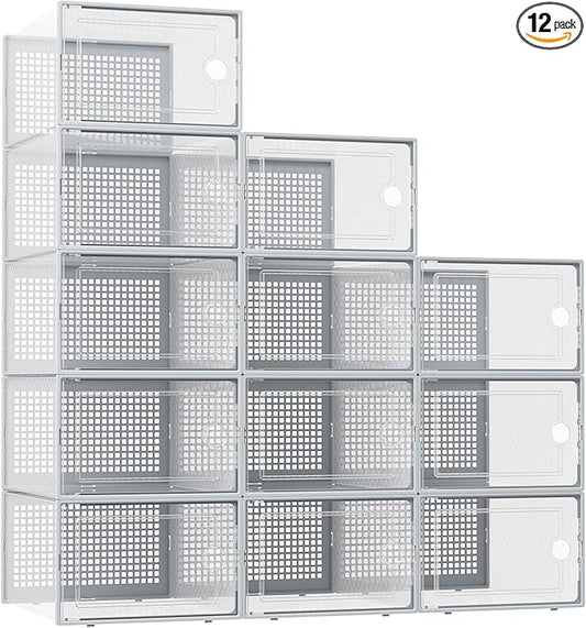 Kuject XX-Large Shoe Storage Boxes Organizers Clear Plastic Stackable 12 Pack, Shoe Rack & Holder Substitute, Sneaker Containers, Shoe Storage Organizer Bins for Closet, Under Bed, Grey(No Fold Line)