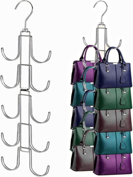 Handbags Purse Organizer for Closet: Bag Rack Hanger with 10 Big Hooks - 360° Rotation Purse Hanger for Display - Collapsible Space Saving for Handbag Belt Scarve Tie - 1 Pack Silver