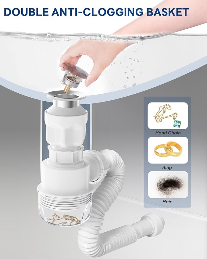 BOTEMY Polished Bathroom Sink Drain Kit with Flexible Sink Drain Pipe -No Tool Installation,11.8-28.4" Anti-Odor Expandable Sink P-Trap,1.25"-1.5" Pop Up Stopper &Strainer Hair Catcher(with Overflow)