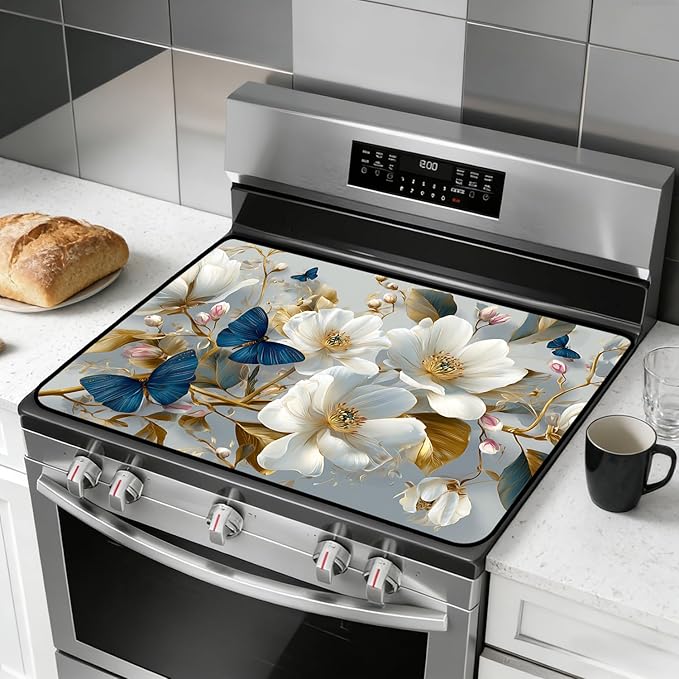 Glass Stove Top Covers for Electric Stove, Heat Resistant Counter Protector Mat, Non Slip Waterproof Surface Cover for Kitchen Counter and Cooktop (White Flowers, 28"L x 20"W)