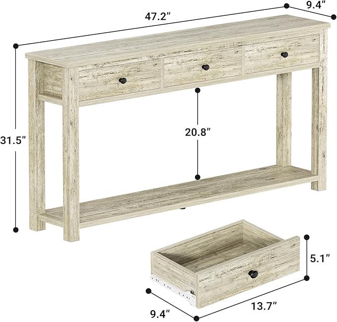Homieasy Farmhouse Console Table with 3 Drawers, 47 Inch Wood Sofa Table with Storage Shelf for Living Room, Behind Couch, Entryway Table for Hallway, Living Room, or Foyer, Light Rustic Oak