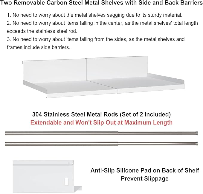 Expandable Under Cabinet Shelf Organizer with 0.94-Inch Thick Clips, Heavy Duty Extendable Under Shelf Storage Basket for Pantry or Laundry Room, White, 1 Pack, Interior: 4.13" H x 8.54" D