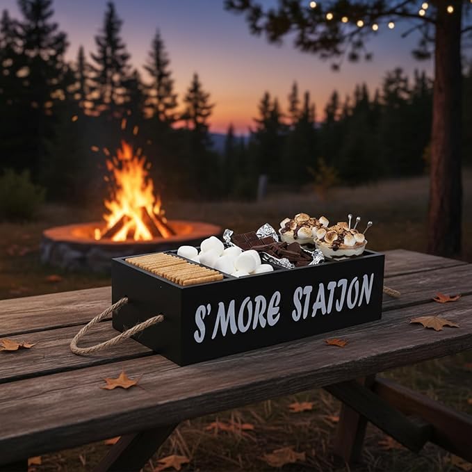 Smores Station S'mores Bar Holder,Smores Caddy, Smore Accessories Organizer, Perfect for Marshmallow Roasting Sticks, Chocolate, S'mores s Sticks, Kit Maker-Wooden