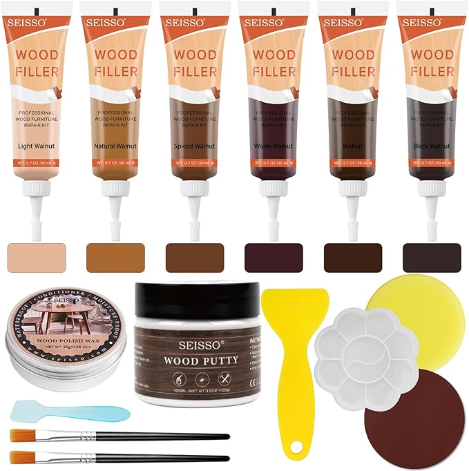 Wood Furniture Repair Kit, 6 Colors Wood Filler Hardwood Laminate Vinyl Floor Repair Kit, with Wood Putty, Wood Polish Wax for Hole, Scratch, Crack, Stain (Walnut Wood 15Pcs)