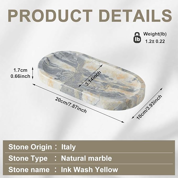 Natural Marble Vanity Tray, Marble Tray for Bathroom countertop,Stone Tray for Storing Perfume, Cosmetics and Jewelry 8 * 4.7inch （Ink Wash Yellow）