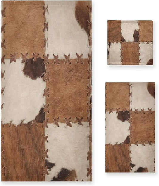 3 Piece Brown Cow Print Bath Towels Set,Microfiber Absorbent Farmhouse Cowhide Western Animal Skin Print Towels for Bathroom,1 Bath Towel,1 Hand Towel,1 Washcloth,Decorative Bathroom Towels