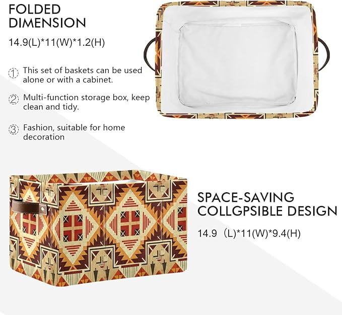 Storage Basket Native American Style Storage Bin Cube with Handles Foldable Storage Baskets for Shelves Living Room Home Decor 2PCS