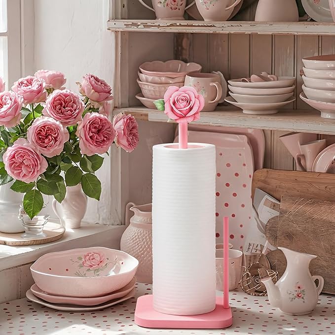 Leinuosen Pink Rose Paper Towel Holder Coquettish Cute Rose Wooden Paper Towel Holder Pink Bathroom Countertop Accessories Kitchen Roll Stand Organizer Standing Apartment Decor Housewarming Gift