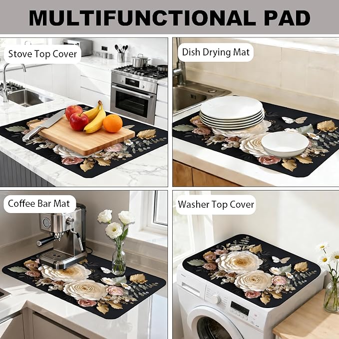 Glass Stove Top Covers for Electric Stove, Heat Resistant Counter Protector Mat, Non Slip Waterproof Surface Cover for Kitchen Counter and Cooktop (Floral Black, 28"L x 20"W)