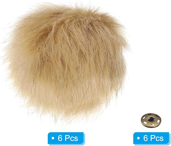 Patikil Faux Fur Pom Poms for Hats, 6 Pcs Fluffy Soft Fur Balls with Snap Button for Keychain Knitting Hats DIY Scarves Gloves Bag Christmas, Khaki
