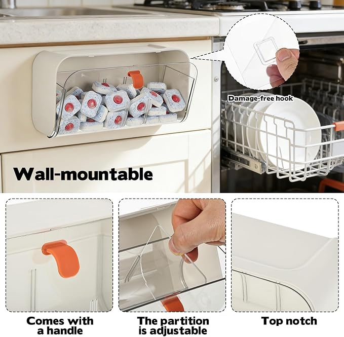 Dishwasher Detergent Pods Holder Wall-Mounted Clear Laundry Pods Container with Divider for Scent Booster Beads Dryer Balls Hanging Storage Container for Detergent Home Kitchen and Laundry Room