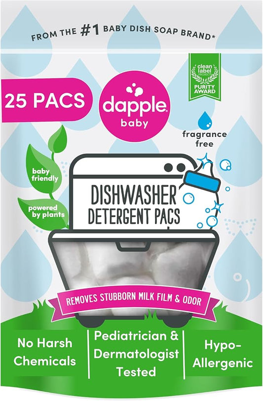 Dapple Baby Dishwasher Pacs, Hypoallergenic Dishwasher Pods Powered by Plants, Removes Milk Residue & Odor on Dishes, Baby Bottles & Kitchenware, Fragrance Free, 25 Count (Pack of 1)