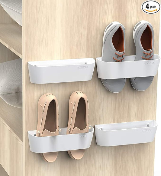 Wall Mounted Shoes Rack 4Pack with Sticky Hanging Strips, Plastic Shoes Holder Storage Organizer,Door Shoe Hangers (SM03-White-4)
