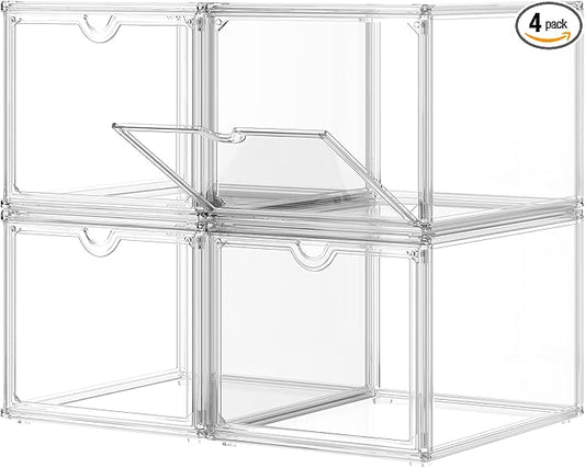 Clear Shoe Storage Boxes Stackable, Display Case With Magnetic Door, 4 Pack Acrylic, Plastic Shoe Boxes With Lids, Sneaker Storage