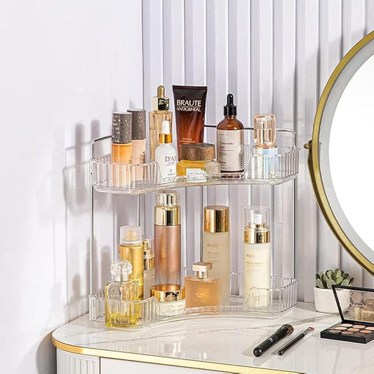 Corner Bathroom Counter Organizer, Vanity Trays for Bathroom, Skincare Makeup Organizer Shelf, Shelf Cosmetics, Toiletries, Lotions, Perfumes (2 Tiers, Clear)