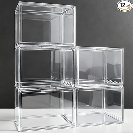 12 Pack X-Large Acrylic Purse Storage Display Case 14.1x8.9x10.6'',Size 15 Clear Shoe Box,Stackable Sneaker Case with Magnetic Lid, Multipurpose Closet Storage Bin for Handbag,Cosmetics,Collectibles