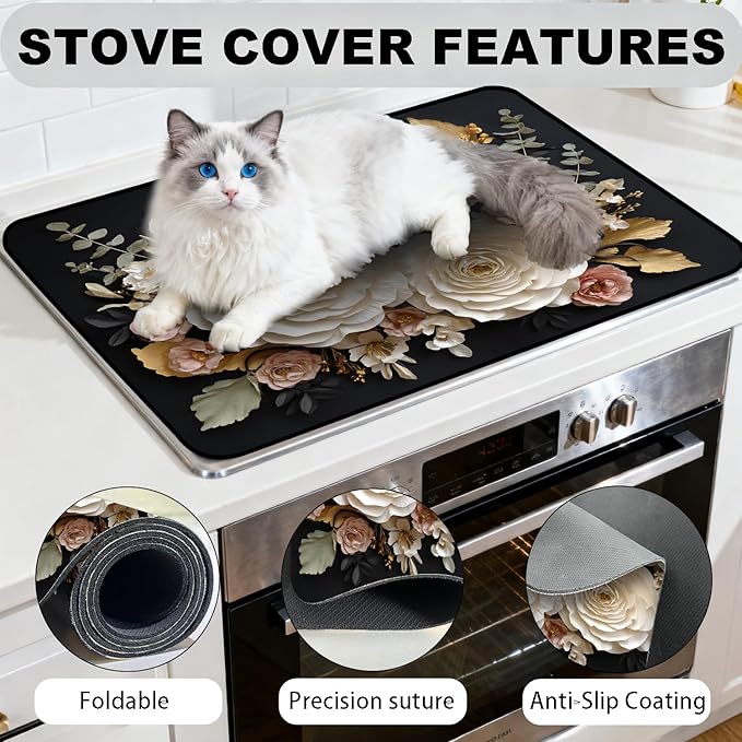 Glass Stove Top Covers for Electric Stove, Heat Resistant Counter Protector Mat, Non Slip Waterproof Surface Cover for Kitchen Counter and Cooktop (Floral Black, 28"L x 20"W)