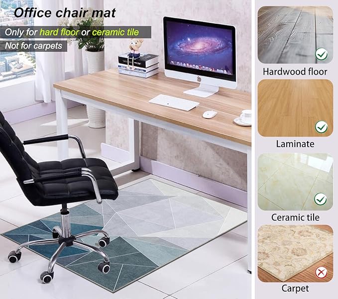 Office Chair Mat for Hardwood Floor,55"*35" Under Desk Mat, Computer Chair Rug,Anti-Slip Floor Protector for Low-Pile Carpet Home Office Blue Grey