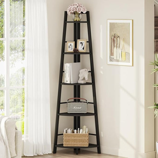 BON AUGURE Corner Ladder Shelf, 5-Tier Black Metal Wood Corner Bookshelf, Narrow Tall Bookcase Shelving Unit for Living Room, Home Office, Small Space (Black Oak)