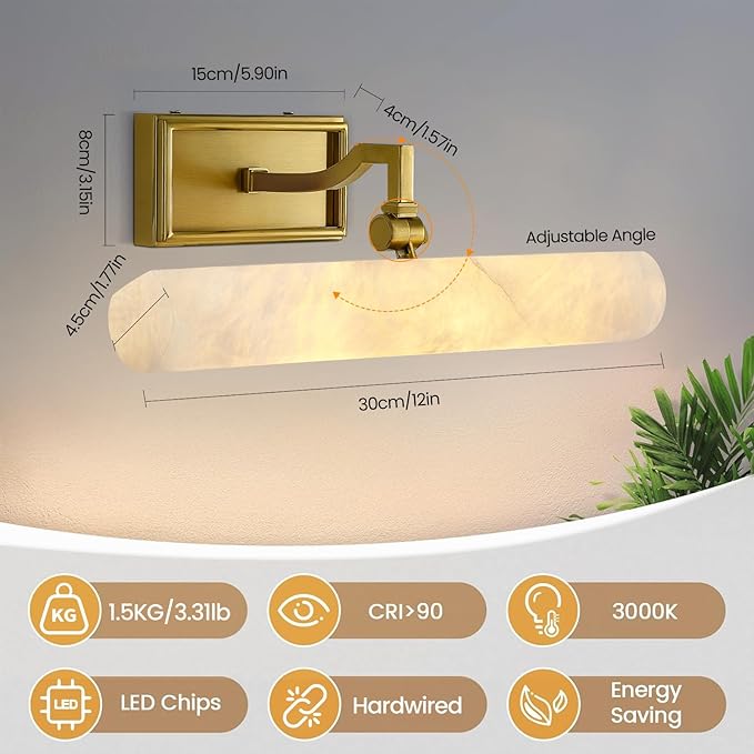 Alabaster Vanity Light, 12in Brass Bathroom Light Fixtures over Mirror, Modern Hardwired Picture Lights for Wall, Dimmable Marble Picture Frame Light for Bedroom, Living Room, Hallway, Artwork Display