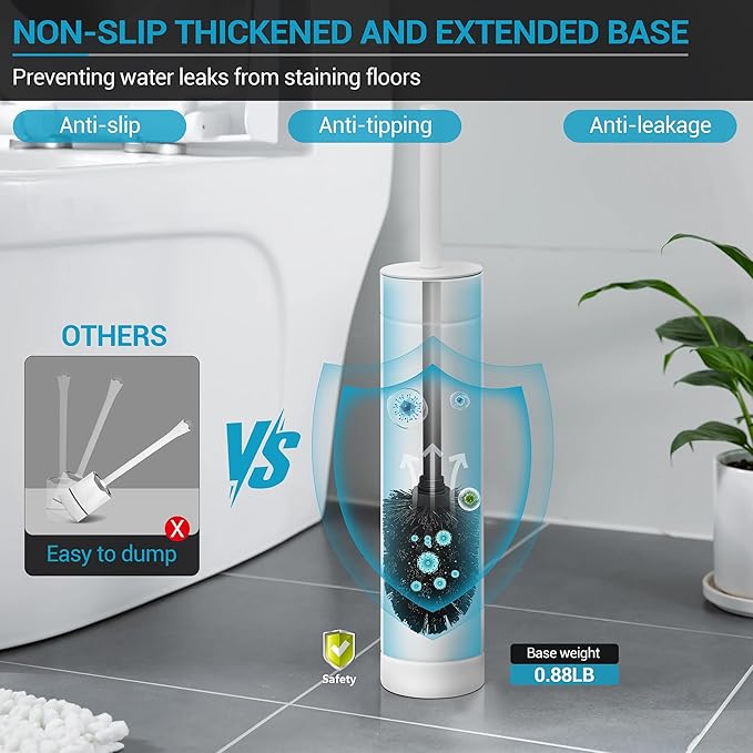 304 Stainless Steel Toilet Bowl Brush with Holder, 2 Black Bristle Heads- Toilet Scrubber and Covered Holder, Toilet Brushes for Bathroom-Space Saving, Covered Brush, Deep Cleaning (White)