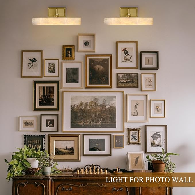 Alabaster Vanity Light, 12in Brass Bathroom Light Fixtures over Mirror, Modern Hardwired Picture Lights for Wall, Dimmable Marble Picture Frame Light for Bedroom, Living Room, Hallway, Artwork Display